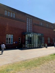 The Hartley Library is a large red brick building with an entrance porch at the front leading into a public foyer